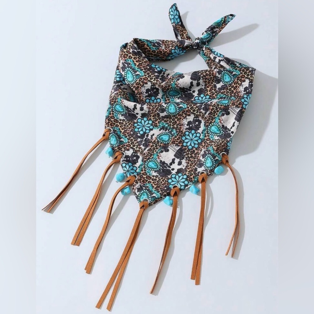 Western Bandana Scarf Turquoise Floral Fringe Bandana Scarf Cowgirl Bandana - Picture 5 of 7